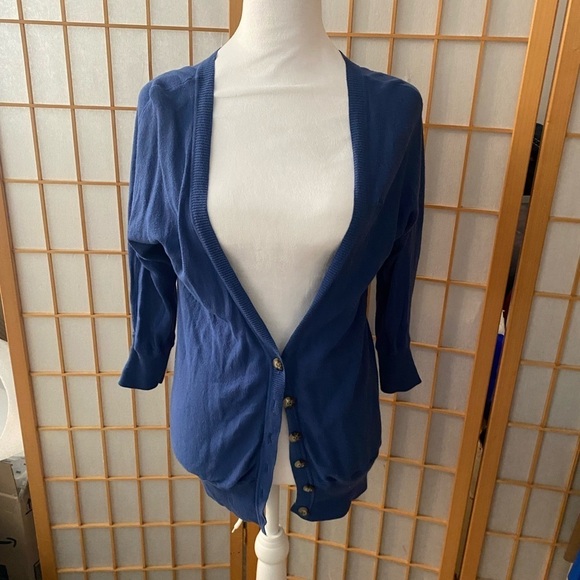Abercrombie & Fitch Sweaters - Abercrombie & Fitch Women Sweater Small Blue Cardigan Logo Pockets Qtr Sleeve